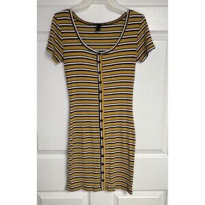 Forever 21 Mustard Yellow Black Stripe Dress Faux Button Ribbed Knit 90s Y2K